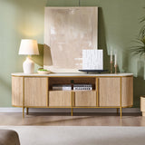 OKD Luxury 70" Fluted TV Stand, Modern Chic Entertainment Center for TVs Up to 80 inches, TV Console with Faux Marble Top, Curved Profile Design, Media Console for Living Room, Natural Oak