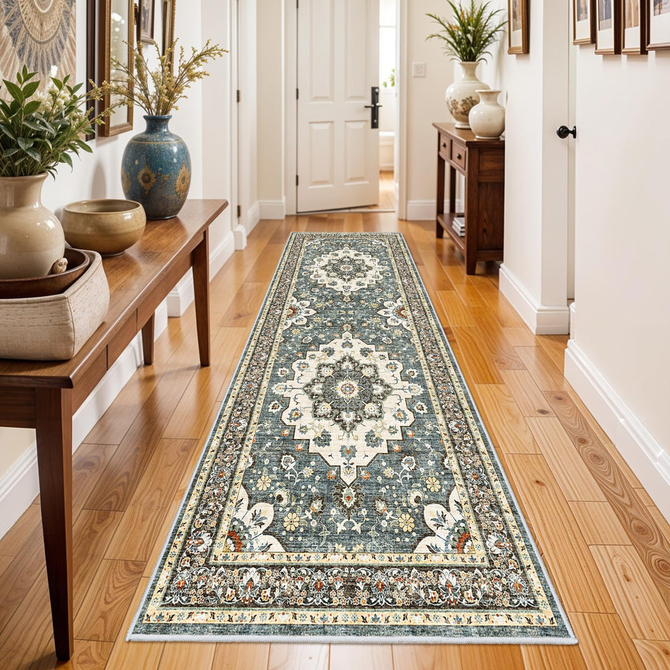 TOPRUUG Washable Oriental Area Rug - 12x15 Rugs for Living Room Soft Carpet for Bedroom Waterproof Floral Distressed Indoor Stain Resistant Non-Shedding Floor Carpets (Green, 12x15)