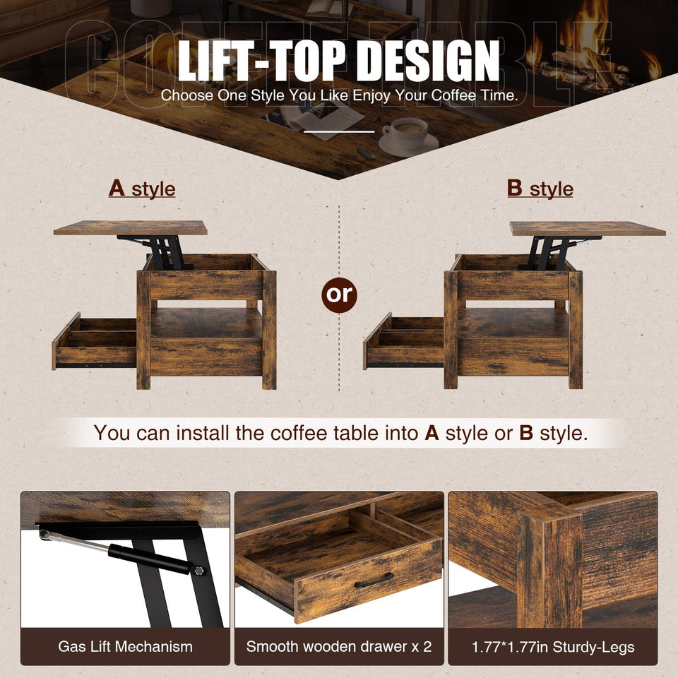 Rolanstar Coffee Table, Lift Top Coffee Table with Drawers and Hidden Compartment, Retro Central Table with Wooden Lift Tabletop, for Living Room,Espresso