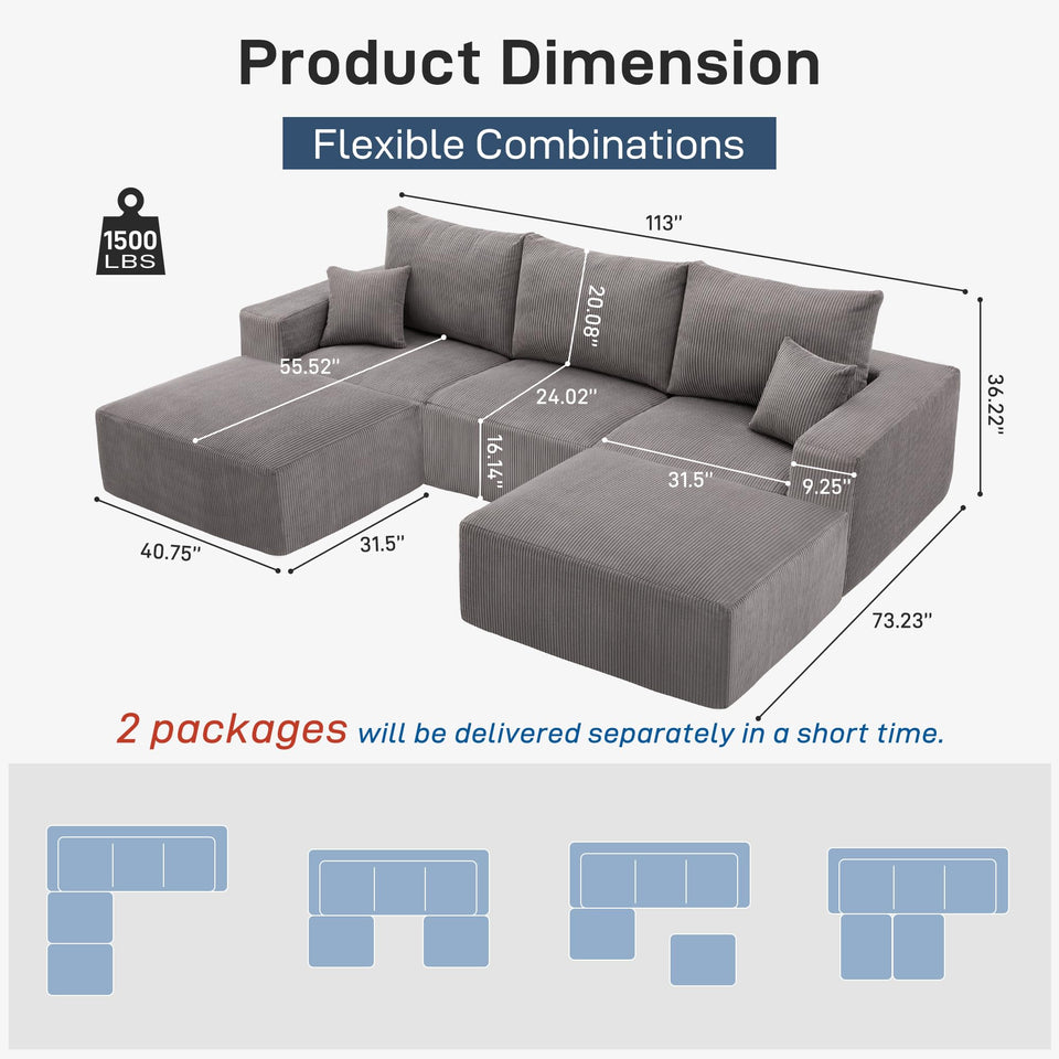 Sectional Cloud Boneless Sofa Couches for Living Room-113'' Beige 3 Seater U-Shaped Modern Lounge Couch-No Assembly Modular Corduroy Convertible Sponge Sleeper Sofas with Chaise for Home House