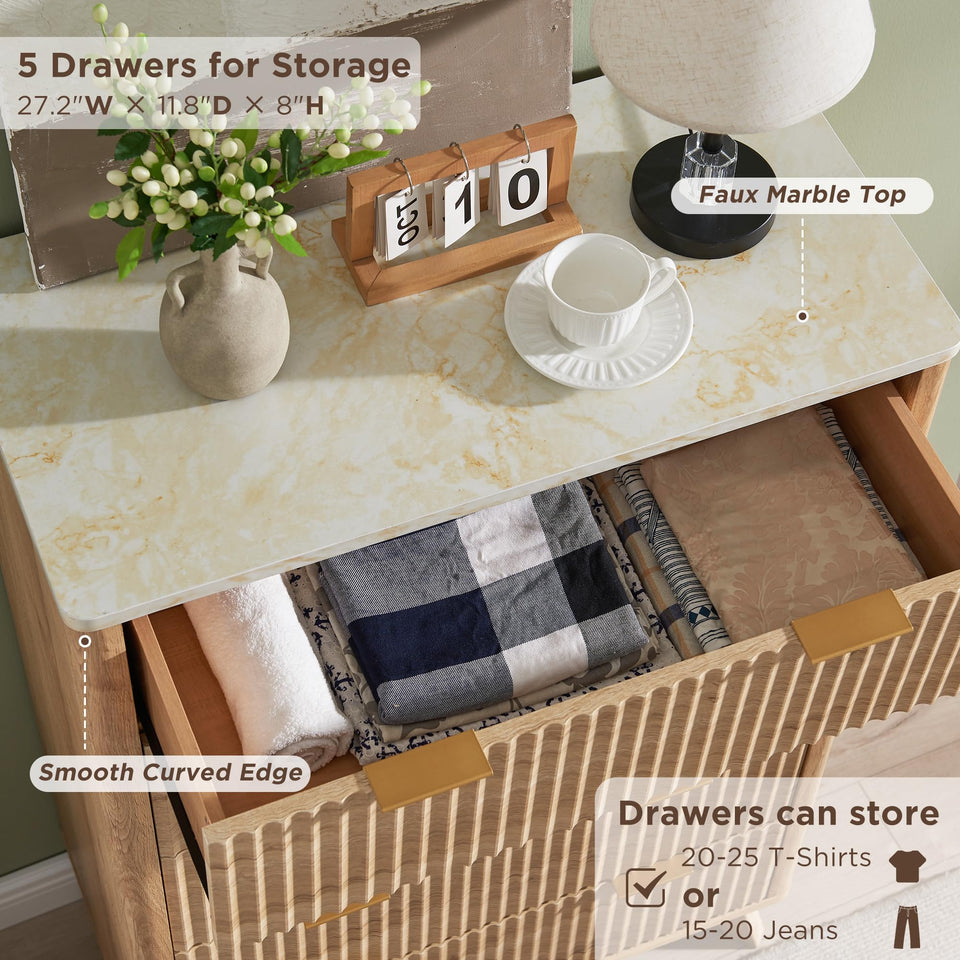 T4TREAM Fluted 7 Drawers Dresser, 54" Wide Modern Chest of Drawers with Faux Marble Top, Curved Profile Design, Dresser TV Stand, Wood Drawer Organizer for Bedroom, Living Room, Hallway, Natural Oak