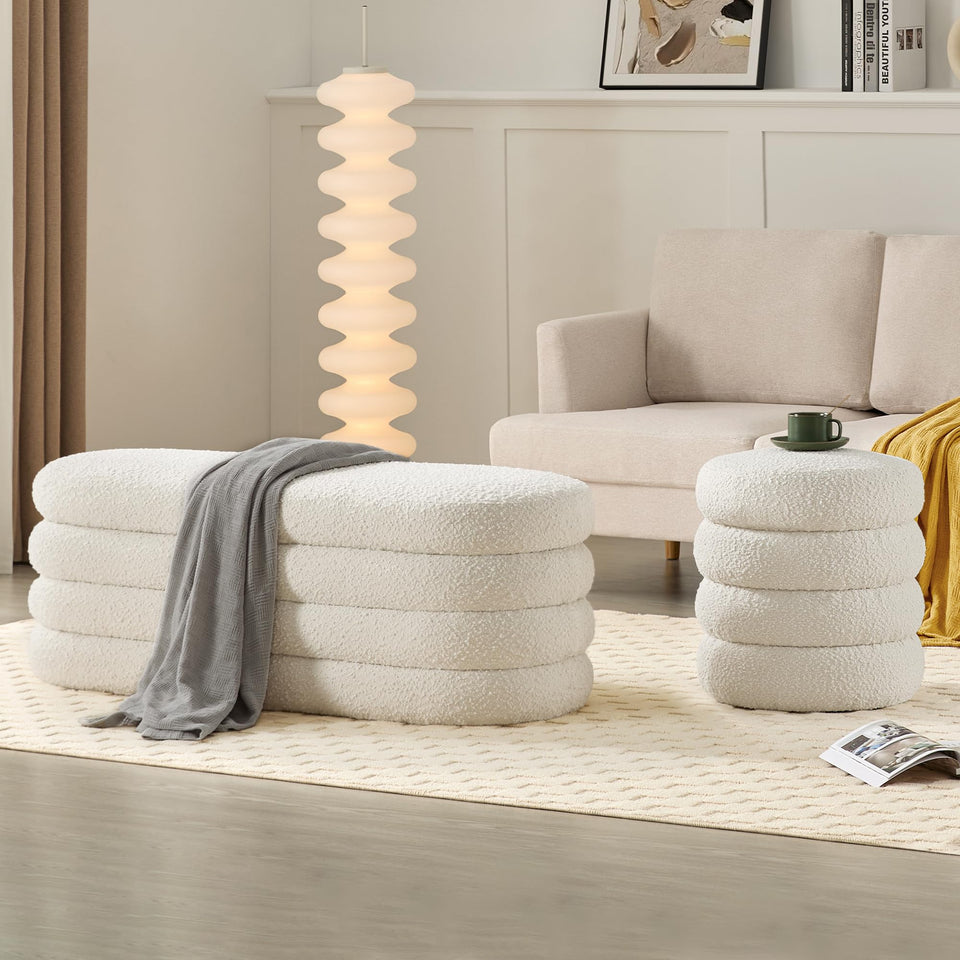 Busaurus Storage Ottoman Bench 49.2 Inch Upholstered Fabric Storage Bench for Bedroom End of Bed Aesthetic Large Oval Ottoman for Living Room Entryway (Ivory)