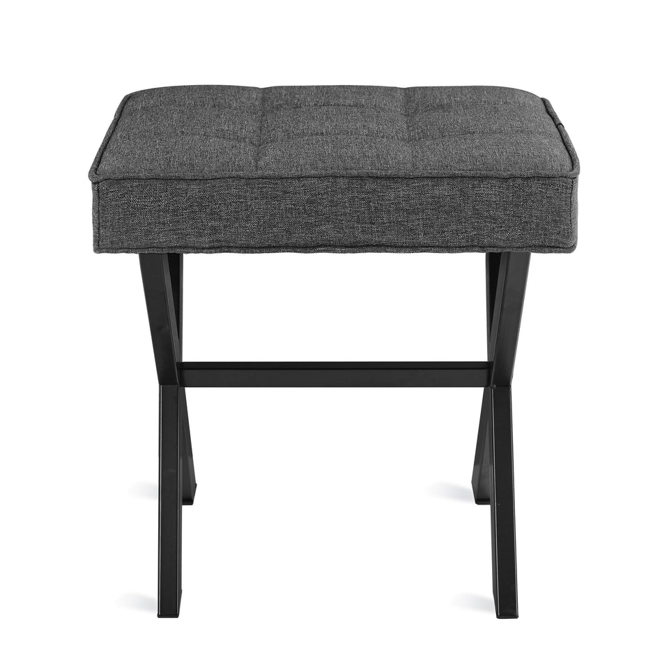 LUE BONA Square Linen Makeup Stool, Metal X Legs, Small Ottoman Stool Chair for Vanity, Modern Padded Seat Foot Rest for Makeup Room, Bathroom