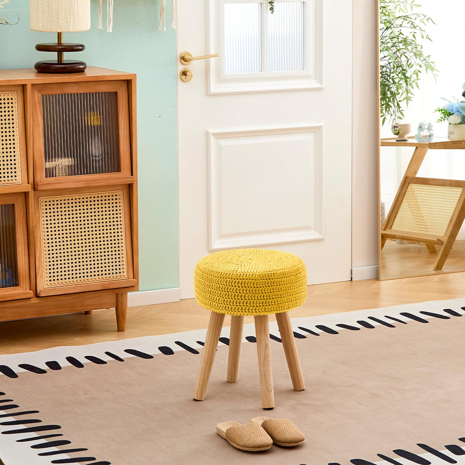 Wimarsbon Pouf Ottoman, 100% Cotton Knitted Boho Footstool, Round Footrest with Non-Skid Wood Legs, Home Décor Handmade Pouffe, Leisure Floor Step Stool for Living Room (Beige)