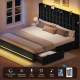 YITAHOME King Size Bed Frame with 4 Drawers and RGB LED Lights, Velvet Upholstered Platform Bed with Charging Station and Storage Headboard, No Box Spring Needed, Easy Assembly, Noise-Free, Black