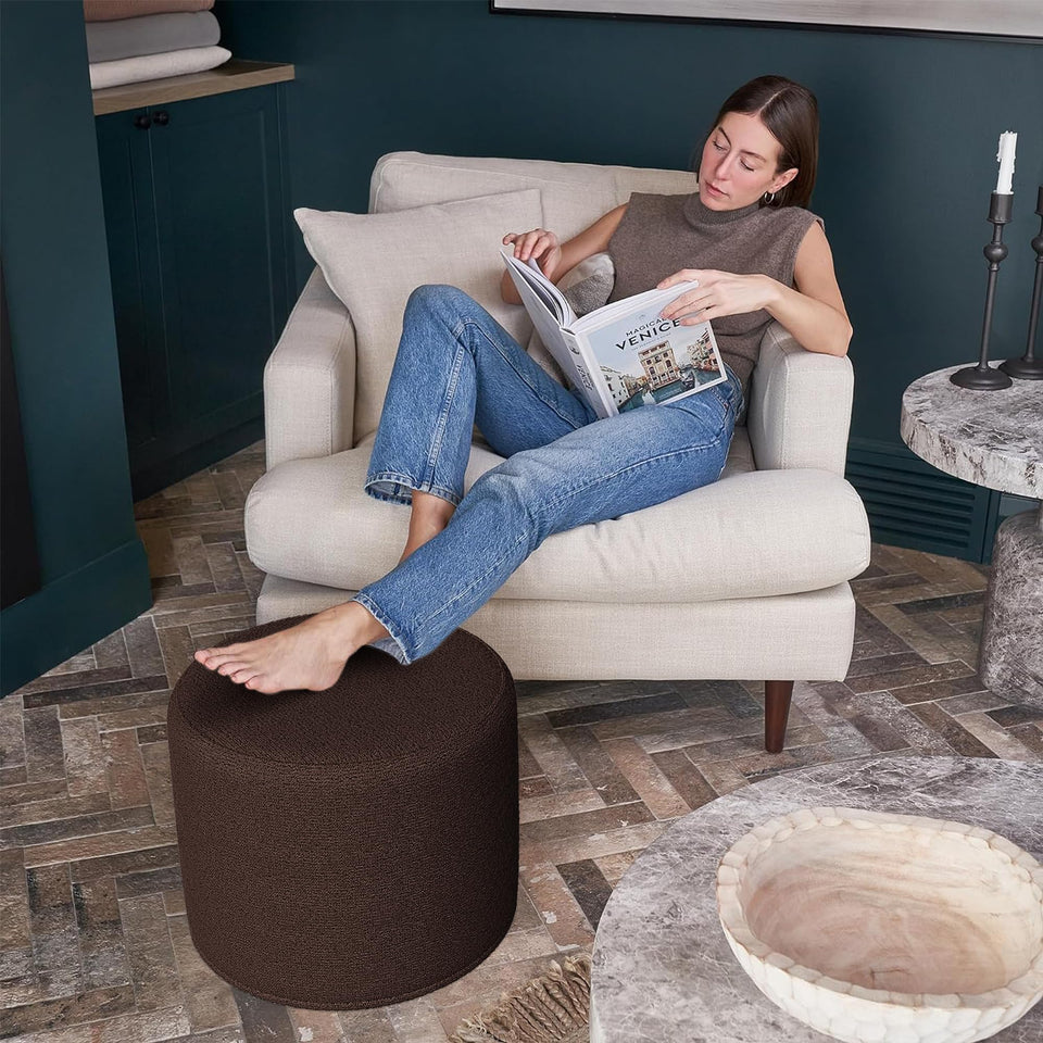 ZICOTO Beautiful Boucle Pouf Ottoman and Foot Rest - Elevate Your Living Room Decor with Lightweight Comfort and Charm - A Round Modern Foam Filled Foot Stool Perfect to Rest Your Feet