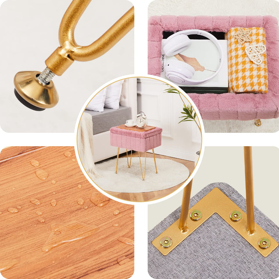 Wimarsbon Storage Ottoman, Vanity Stools with Metal Legs, 16.5" x 11.8" x 18" Modern Faux Mink Fur Footstool, Makeup Chair with Anti-Slip Feet, Accent Table,Footrest,Storage Bench for Bedroom