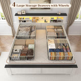 EnHomee King Size Bed Frame and Headboard & Storage, 4 Drawers and LED Built in Charging Station King Bed Frame with Storage Farmhouse,NO Noise,No Box Spring Needed,White