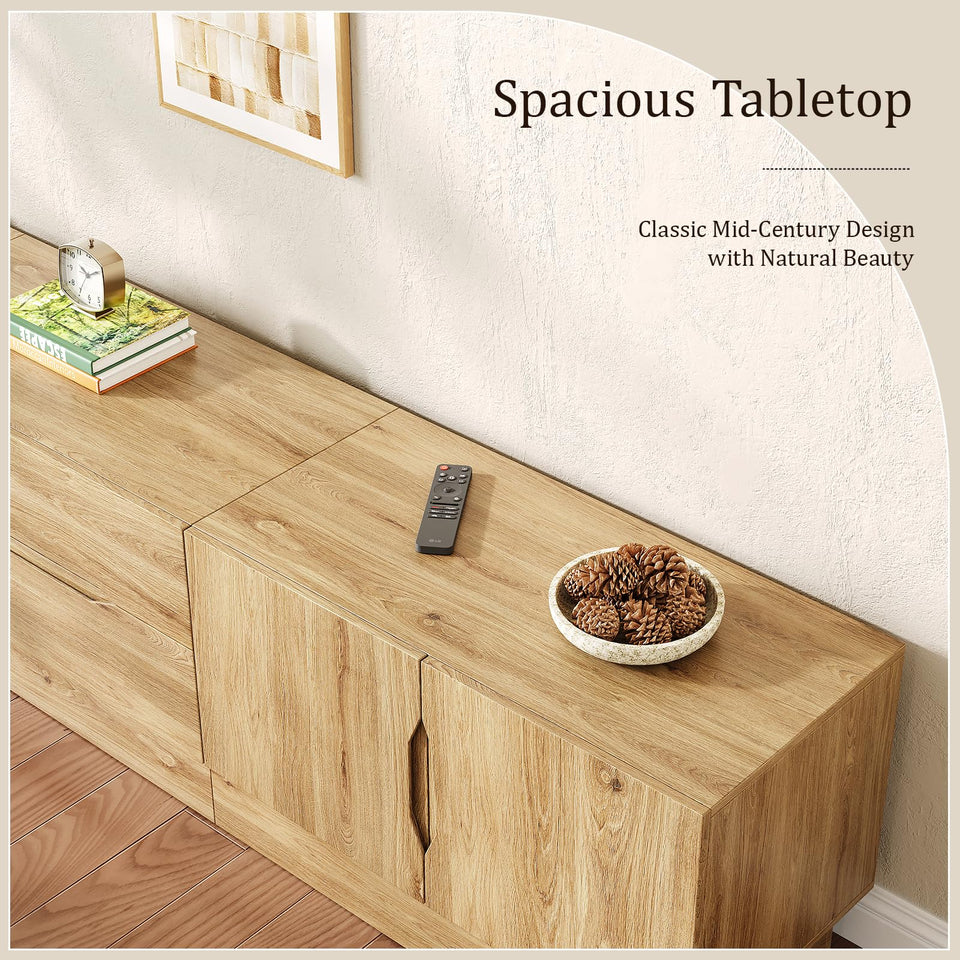 UKAOCAI 86.61'' Tambour TV Stand for 55-85 Inch, Modern Entertainment Center with Large Storage Cabinet & Open Shelves, TV Console with Sliding Doors for Living Room, Bedroom, Natural