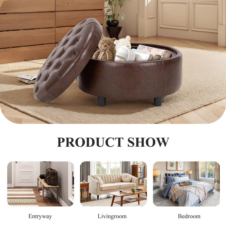 COLAMY Fabric Round Storage Ottoman with Reversible Tray Lid – Multi-Functional Footrest, Hidden Storage, Sturdy & Stylish Small Coffee Table for Living Room, Bedroom, or Entryway(Beige)