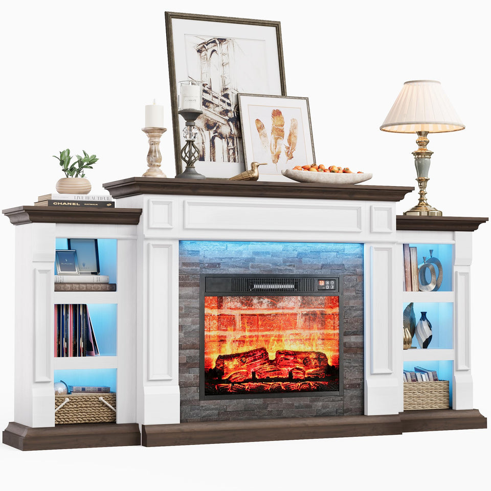 80" Fireplace TV Stand for TVs Up to 90 Inch, Electric Fireplace with Mantel, Farmhouse Entertainment Center with Storage, Realistic Stacked Stone Surround with Remote Control for Living Room