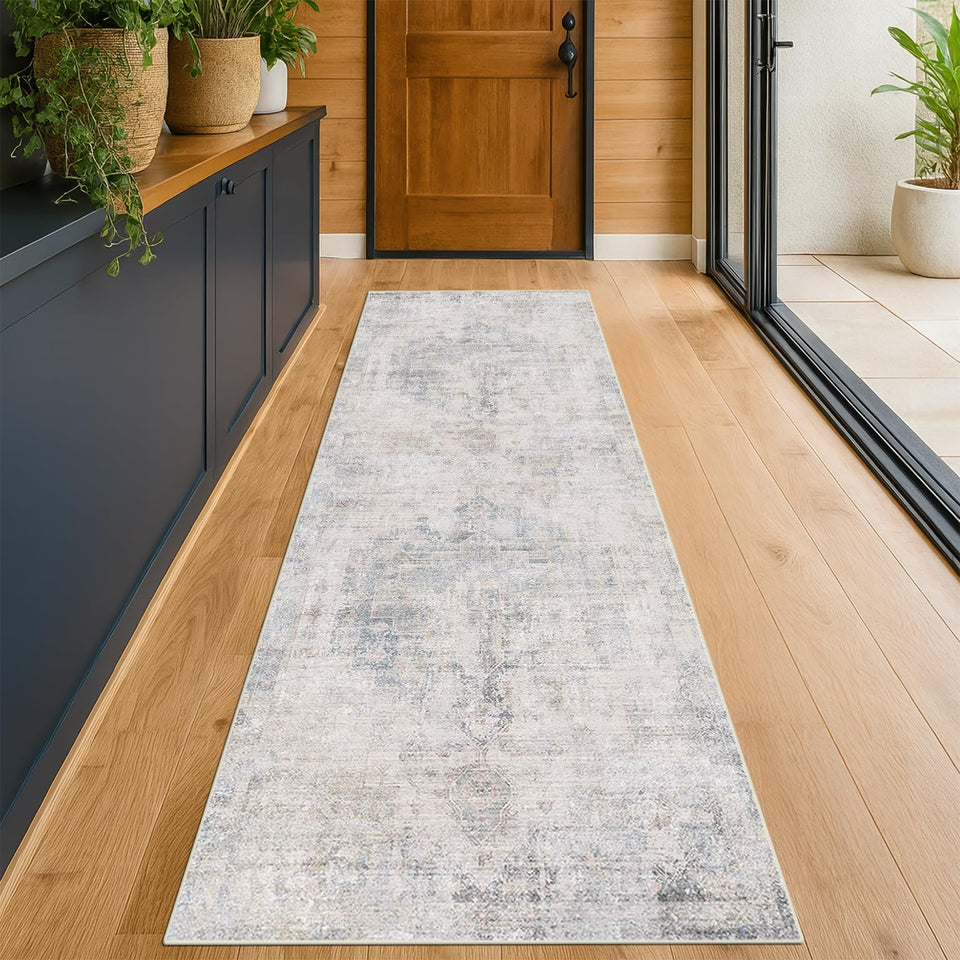 Neutral Living Room Rug - 10x14 Farmhouse Beige Brown Large Area Rug for Dining Room, Bedroom, Low Pile Lightweight Washable