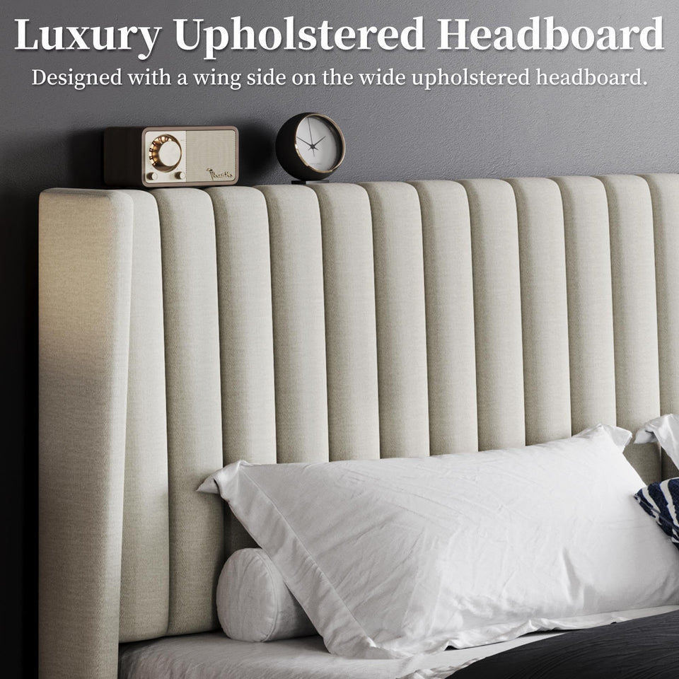 Yaheetech King Bed Frame Upholstered Platform Bed with Fabric Headboard, Wing Edge Design/Non-Slip and Noise-Free/Wooden Slats Support/No Box Spring Needed/Easy Assembly, Ivory King Bed