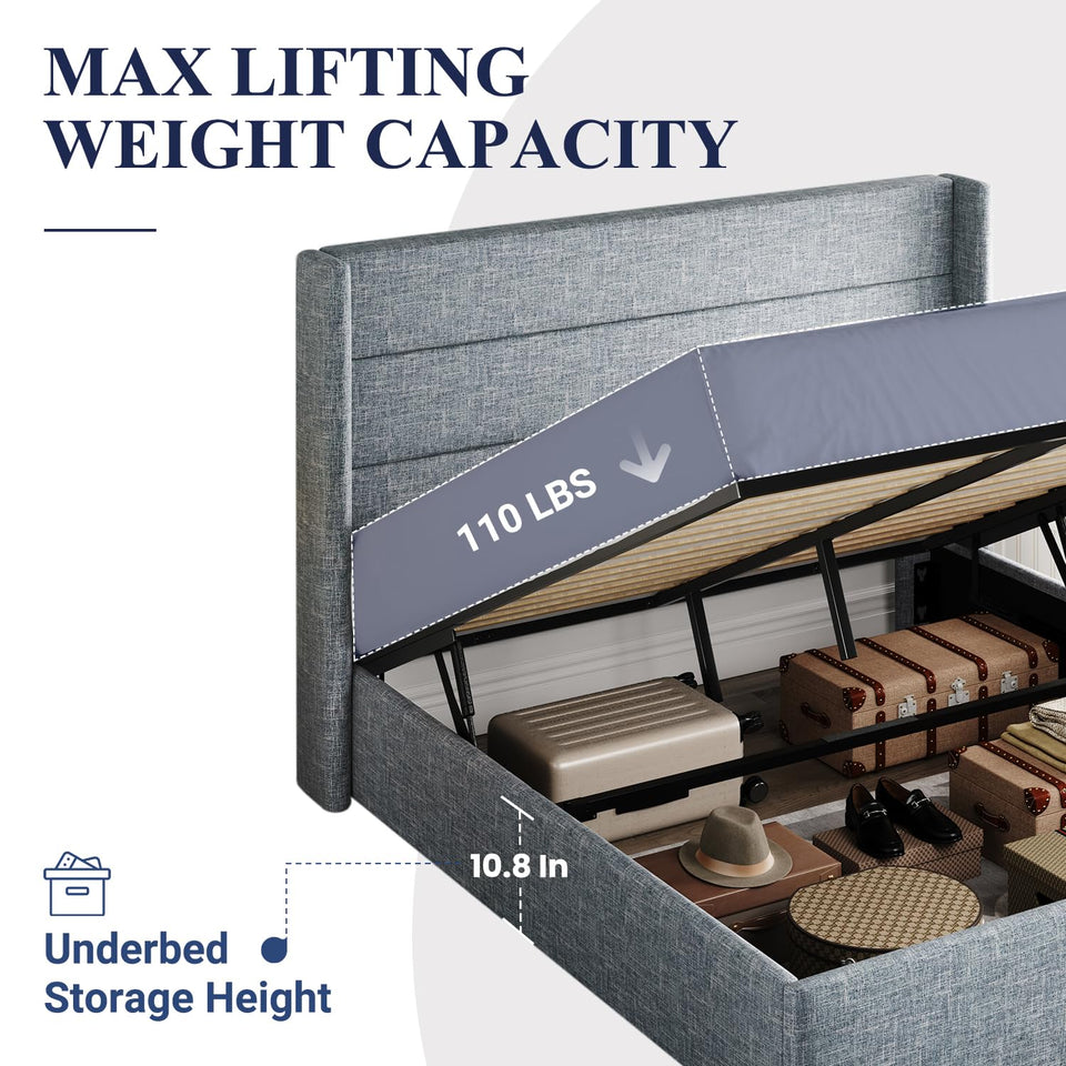 Allewie King Size Lift Up Storage Bed, Modern Wingback Headboard, Hydraulic Support, No Box Spring Needed, Light Beige