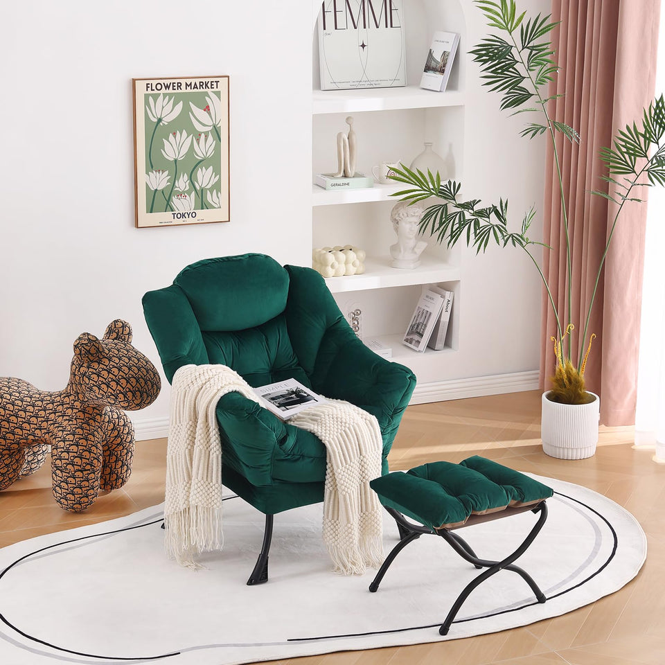 Welnow Lazy Chair with Ottoman, Modern Lounge Accent Chair with Armrests and a Side Pocket, Leisure Sofa Armchair, Reading Armchair with Footrest for Small Space, Dark Grey