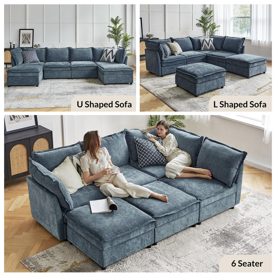 HULALA HOME 127'' Modular Sectional Sofa, Oversized U Shaped Couch with Storage Ottoman, Comfy Chenille Sofa with Deep Seat, 6 Seat Convertible Couches for Living Room, Beige