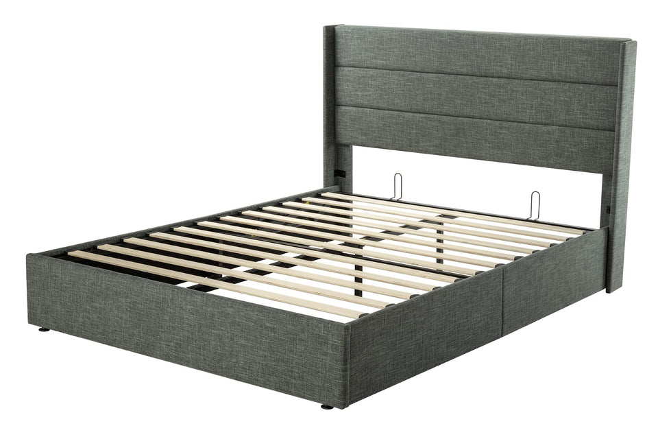 Allewie King Size Lift Up Storage Bed, Modern Wingback Headboard, Hydraulic Support, No Box Spring Needed, Light Beige