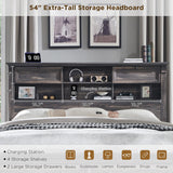 Farmhouse King Size Bed Frame with 54" Tall Storage Bookcase Headboard, Wood Platform Bed Frame with 2 Drawers & 18" Tall Roman Column Decoration Footboard, No Box Spring Needed(Antique White)