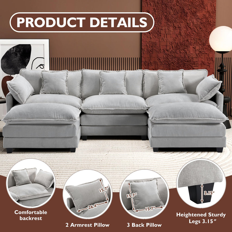 Ihanherry 146" U-Shaped Modern Sofa Modular Sectional Cloud Couch with 2 Ottoman, 6-Seat Chenille Deep Seat Sofa with 6 Pillows for Living Room, Bedroom and Apartment, Grey