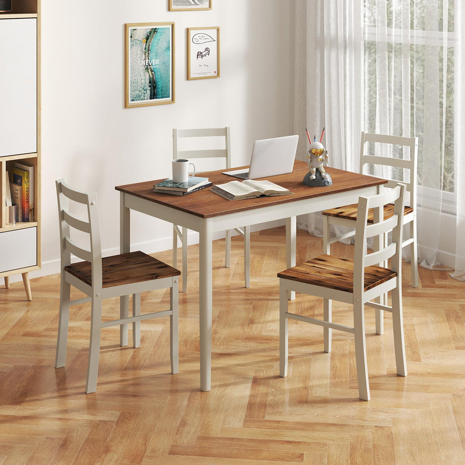 POWERSTONE Dining Table Set for 4, Kitchen Table Chairs Set of 4 with Rubber Wood Legs, Farmhouse 5 Piece Dining Table Set Solid Wood for Kitchen Dining Room Dinner (Brown)