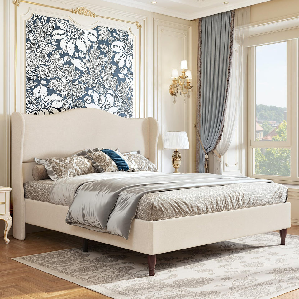 koorlian King Size Bed Frame Upholstered Platform Bed with 51" Tall Headboard Wingback, Soft Fabric, Retro Simple Style Platform Bed No Box Spring Needed, Easy Assembly, Beige