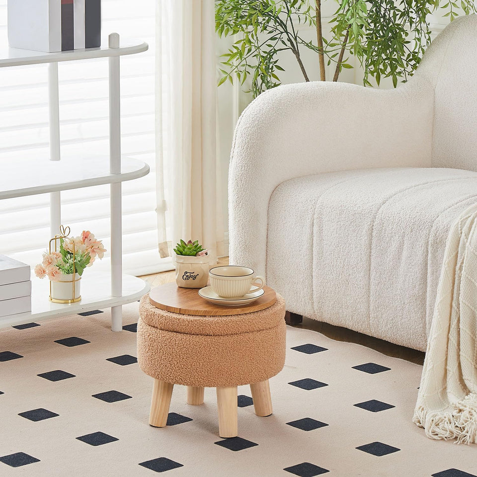Wimarsbon Storage Ottoman, Modern Round Footrest with Soft Padded Seat, Teddy Velvet Footstool with Wood Legs, Accent Small Table or Plant Stand for Hallway, Living Room (Cream)