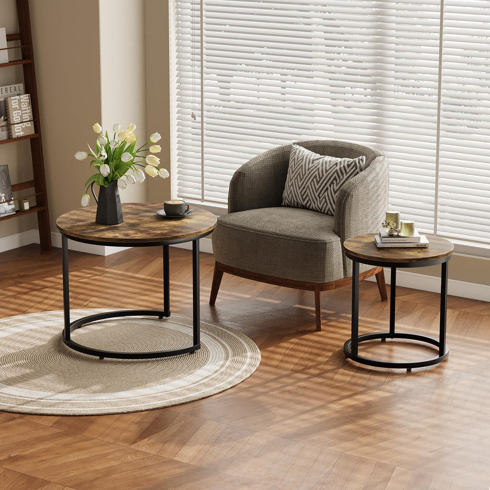 Smuxee Nesting Coffee Table Set of 2, 23.6" Round Coffee Table Wood Grain Top with Adjustable Non-Slip Feet, Industrial End Table Side Tables for Living Room Bedroom Balcony Yard