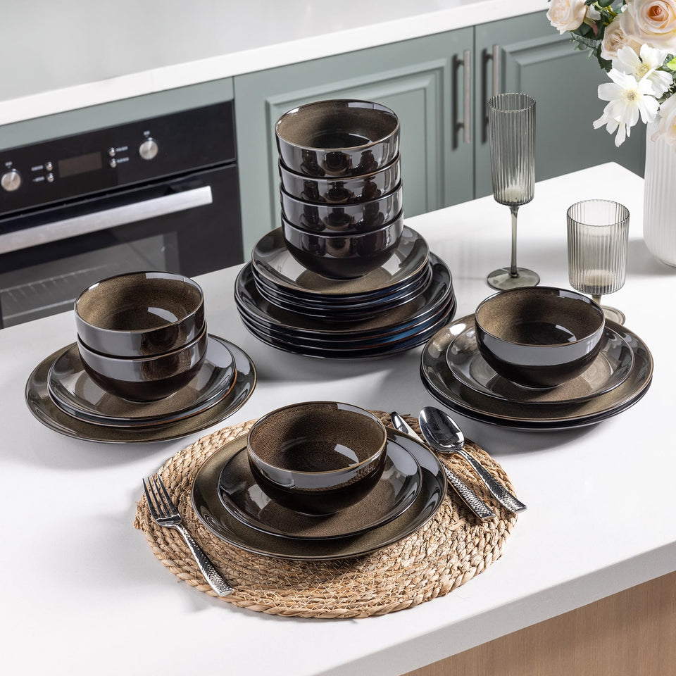 LeRatio Ceramic Dinnerware Sets for 6,Plates and Bowls Sets,Handmade Reactive Glaze Dishes Set,Chip Resistant and Scratch Resistant | Oven&Dishwasher & Microwave Safe-Blue(18PCS)