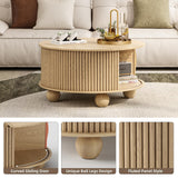 JOINICE, Round Coffee Table with Storage, Mid Century Modern Center Table with Sliding Cabinet Door, Fluted Dining Table for Living Room, Home Small Space, 31.5", Walnut