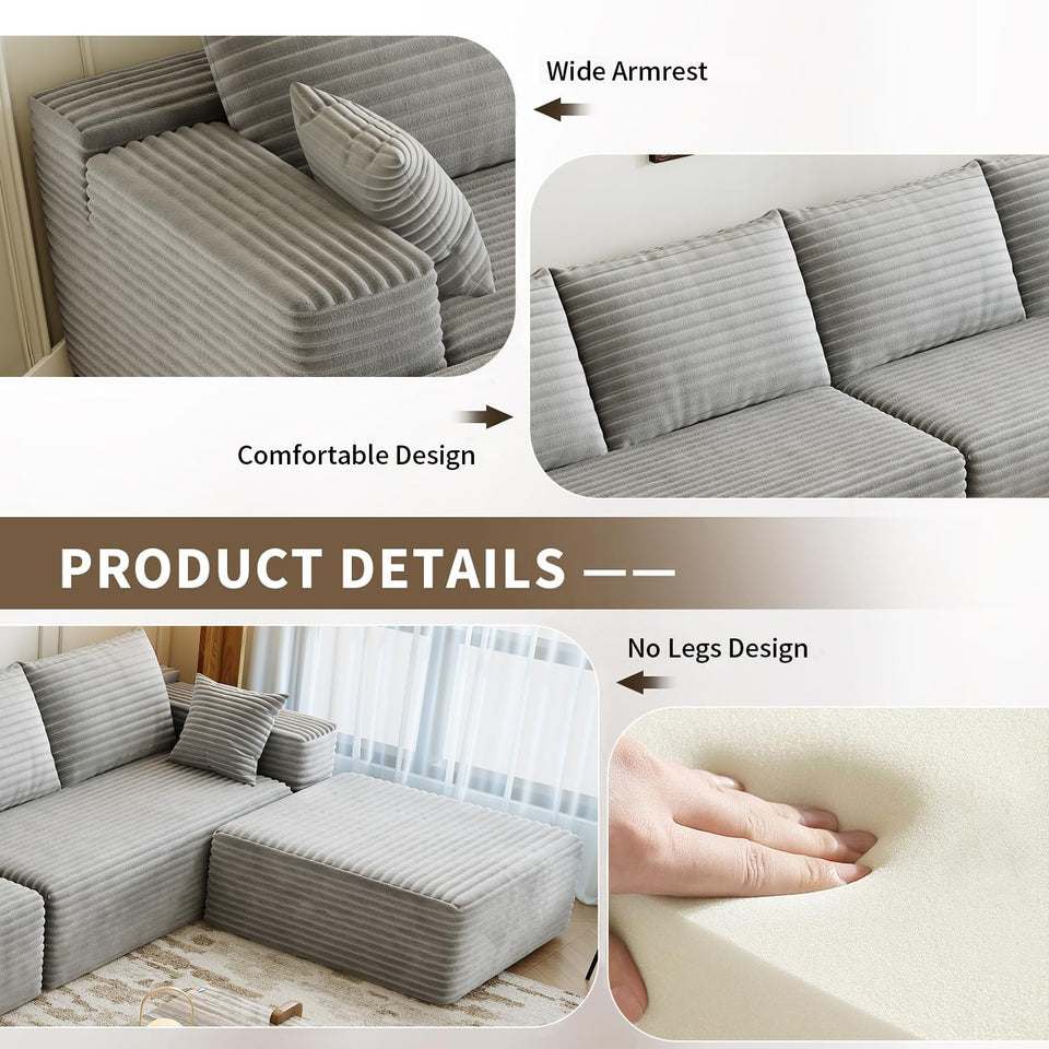 135.4" Cloud Modular Sectional Couch with 1 Ottoman,Modern Minimalist Upholstered Couches, Comfort U Shaped Sofa for Living Room,Deep Seat Corner Couch，No Assembly Required (Black,Left Facing Chaise)