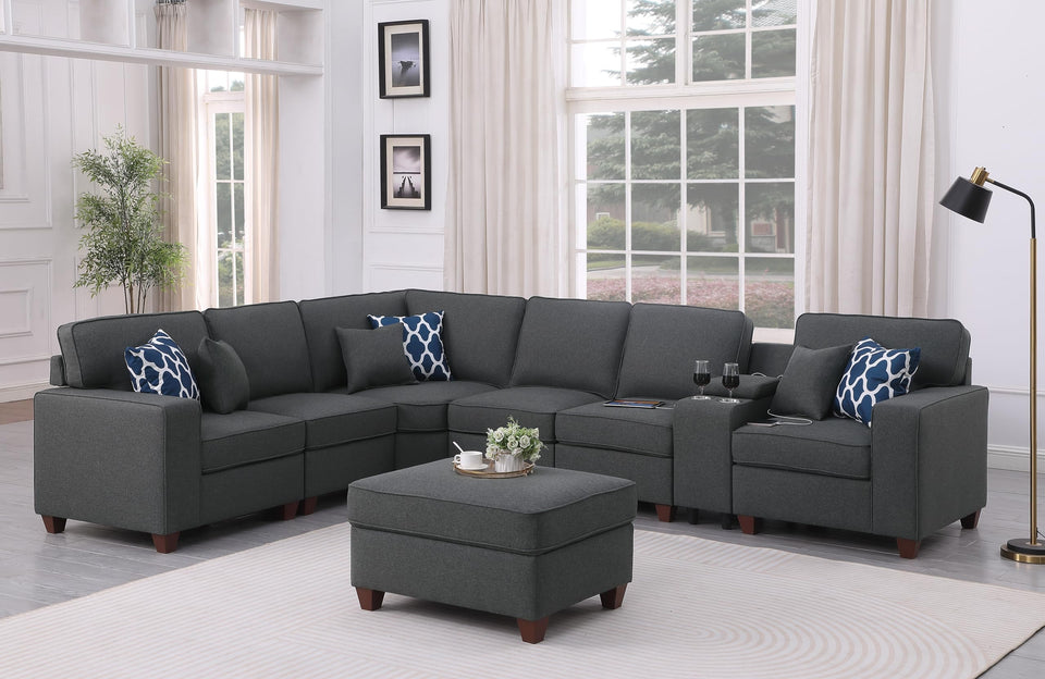 YOPTO 127" L-Shaped Sectional Couch with Movable Ottoman & 6 Throw Pillows,7 Seat Chenille Upholstered Sofa W/2 Cup Holder,USB Port & Hidden Storage Box,DIY Combination,for Living Room,Apartment,Beige