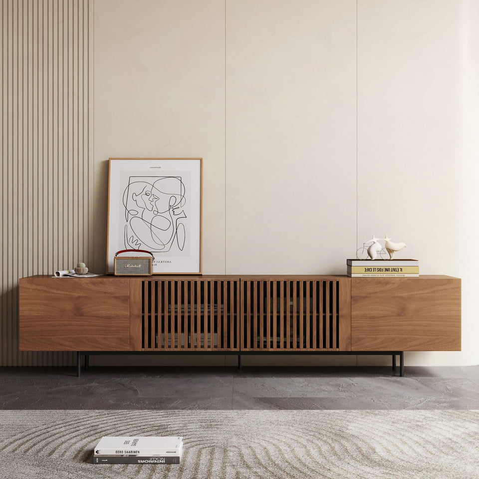 NessCarsti Mid Century Modern TV Stand for 80+ Inch TVs, 94.48" Walnut Console with Ample Storage – Stylish Entertainment Center for Living Room or Bedroom