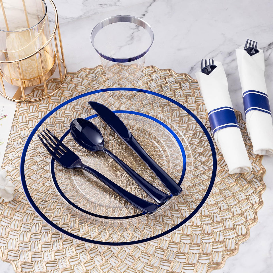 Goodluck 700 Piece Dark Blue Plastic Dinnerware Set for Party, Clear Disposable Plates for 100 Guests, Include: 100 Dinner Plates, 100 Dessert Plates, 100 Pre Rolled Napkins with Cutlery Set, 100 Cups