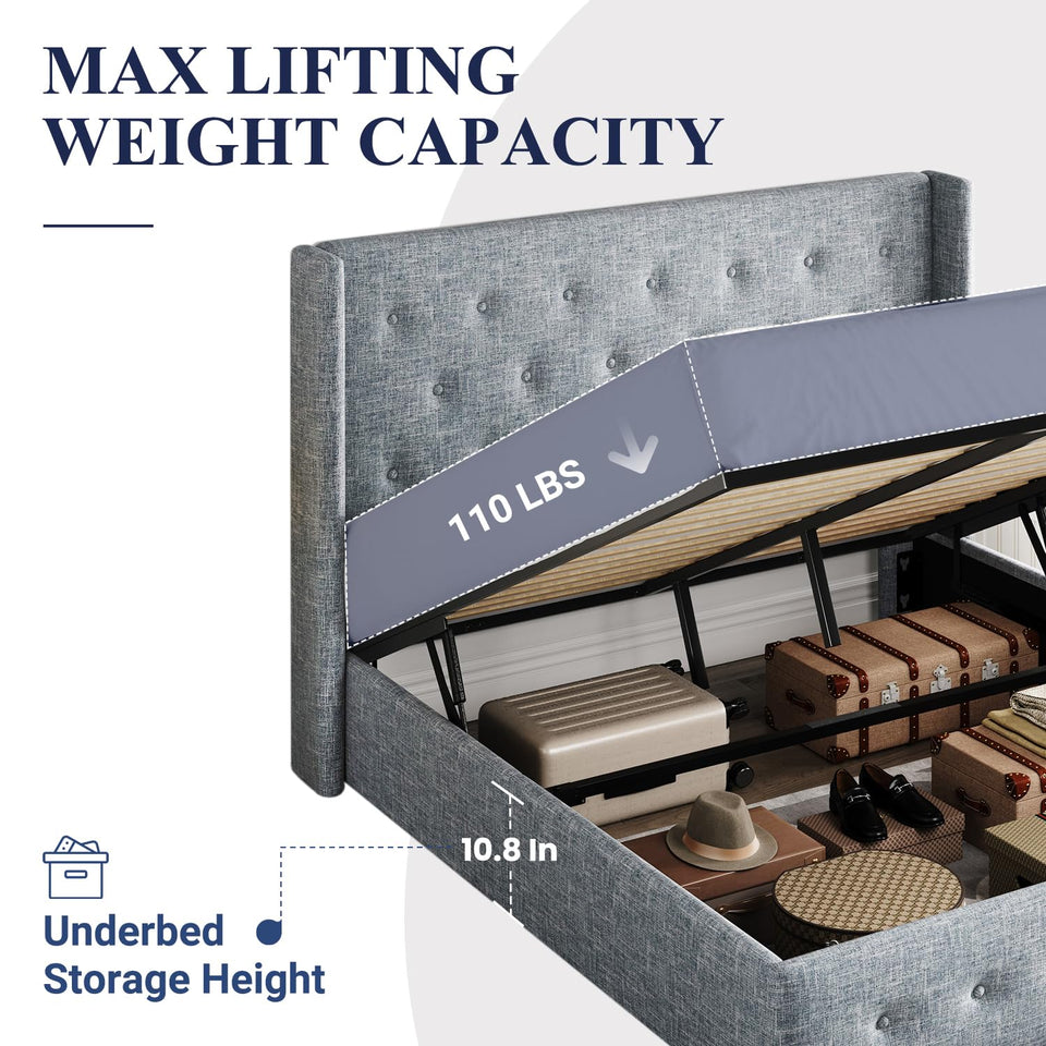 Allewie King Size Lift Up Storage Bed, Modern Wingback Headboard, Hydraulic Support, No Box Spring Needed, Light Beige