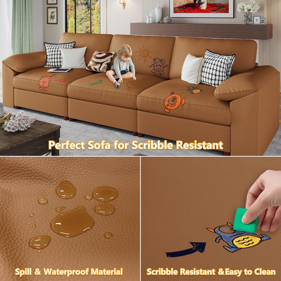 EASE MOOSE Leather Sectional Couch, Oversized Modular Sectional Sofas, Wide Deep Seat Modular Couch, Scratch Resistant Faux Leather Material, L Shaped Sofa for Big Spaces,Beige