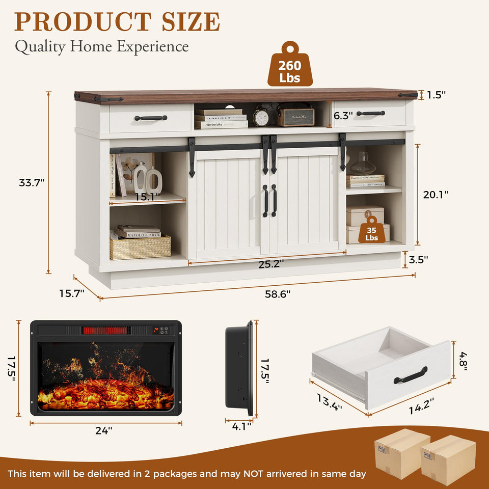 59'' Fireplace TV Stand with 3D Flame Electric Fireplace Heater, 34'' Tall Farmhouse TV Stand for 65 Inch TV, Entertainment Center TV Console with 2 Drawers, Sliding Barn Door for Living Room - White