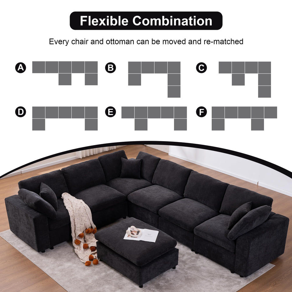 Tmsan 129.3" Oversized Modular Sectional Sofa, U Shaped Couch with Movable Ottoman, Large 7 Seat Corner Couches for Living Room, Spacious Space, Beige