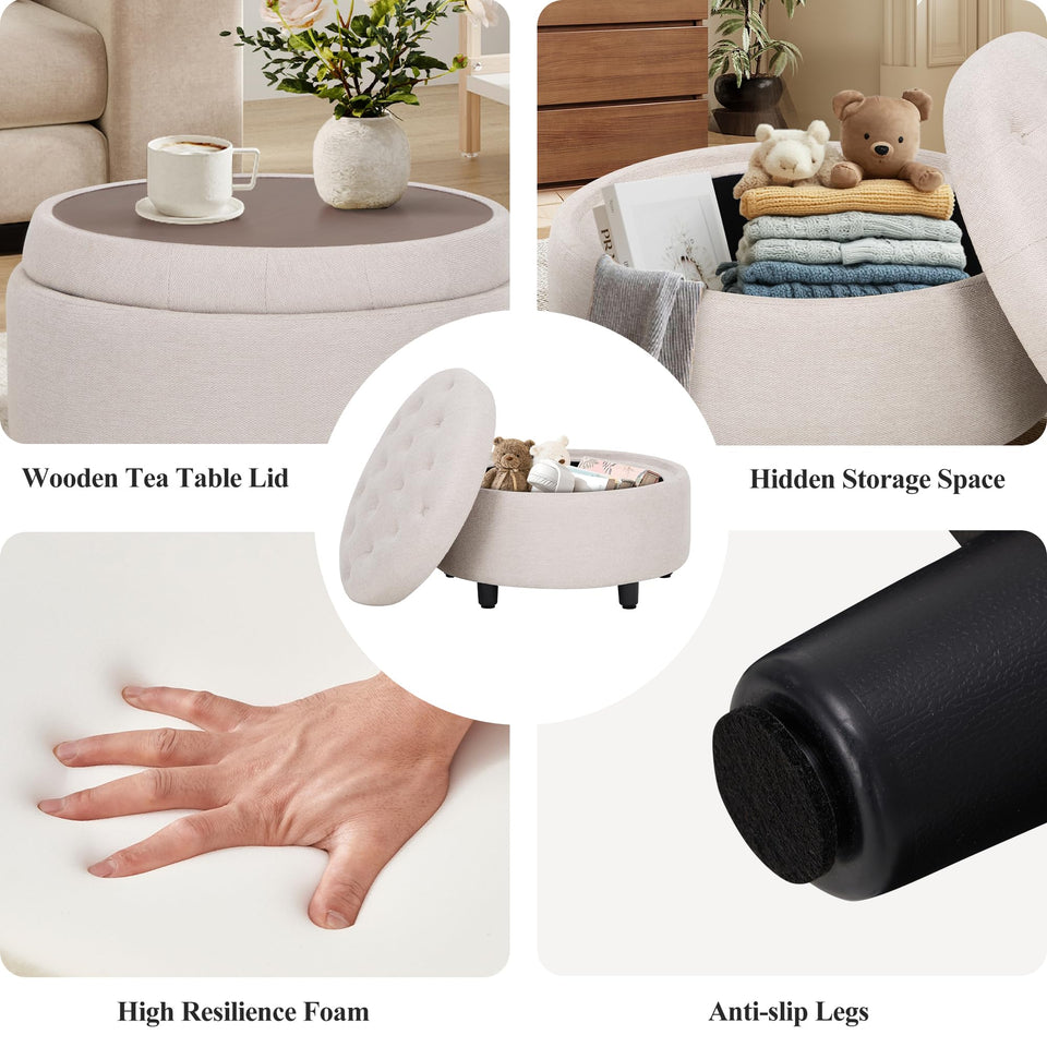 COLAMY Fabric Round Storage Ottoman with Reversible Tray Lid – Multi-Functional Footrest, Hidden Storage, Sturdy & Stylish Small Coffee Table for Living Room, Bedroom, or Entryway(Beige)