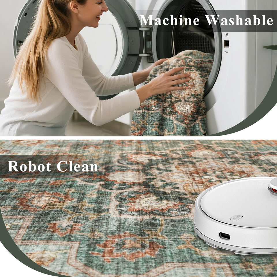 TOPRUUG Washable Oriental Area Rug - 12x15 Rugs for Living Room Soft Carpet for Bedroom Waterproof Floral Distressed Indoor Stain Resistant Non-Shedding Floor Carpets (Green, 12x15)