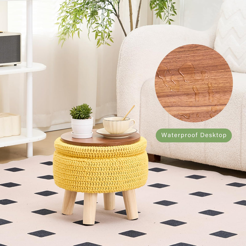 Wimarsbon Pouf Ottoman, 100% Cotton Knitted Boho Footstool, Round Footrest with Non-Skid Wood Legs, Home Décor Handmade Pouffe, Leisure Floor Step Stool for Living Room (Beige)