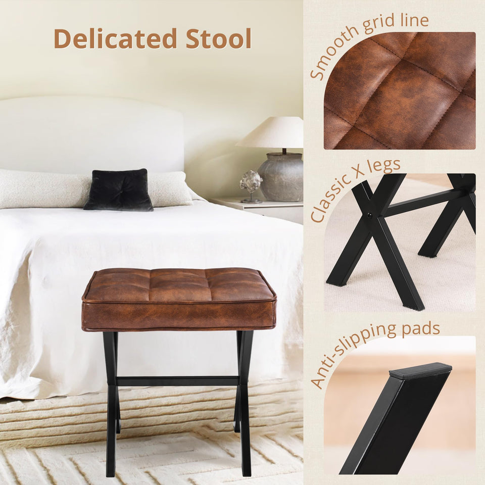 LUE BONA Square Linen Makeup Stool, Metal X Legs, Small Ottoman Stool Chair for Vanity, Modern Padded Seat Foot Rest for Makeup Room, Bathroom