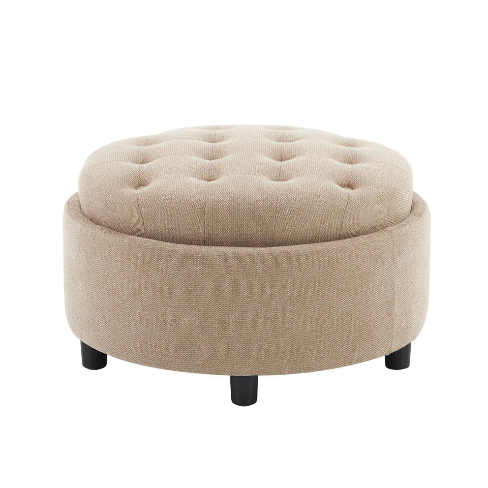 COLAMY Fabric Round Storage Ottoman with Reversible Tray Lid – Multi-Functional Footrest, Hidden Storage, Sturdy & Stylish Small Coffee Table for Living Room, Bedroom, or Entryway(Beige)