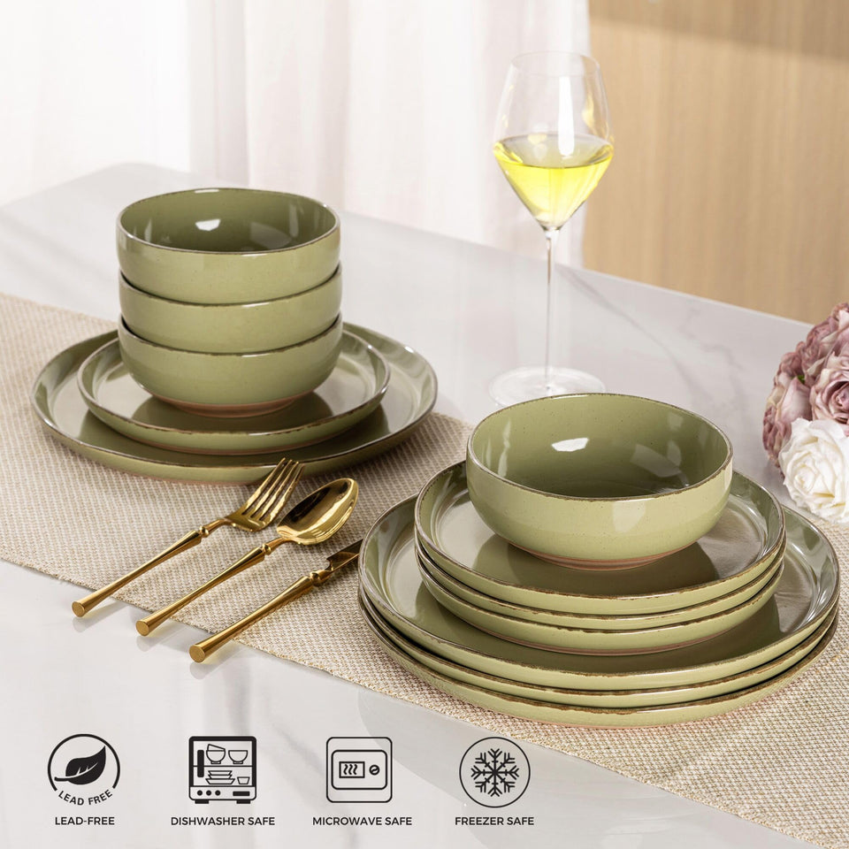 AmorArc Ceramic Dinnerware Sets for 8, 24 Pieces Handpainted Plates and Bowls Set with Rustic Terracotta Underside, Scratch Resistant Stoneware Dishes Set, Dishwasher & Microwave Safe, Light Beige