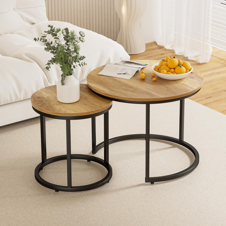 Smuxee Nesting Coffee Table Set of 2, 23.6" Round Coffee Table Wood Grain Top with Adjustable Non-Slip Feet, Industrial End Table Side Tables for Living Room Bedroom Balcony Yard