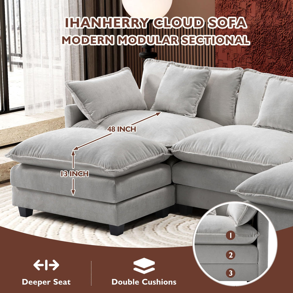 Ihanherry 146" U-Shaped Modern Sofa Modular Sectional Cloud Couch with 2 Ottoman, 6-Seat Chenille Deep Seat Sofa with 6 Pillows for Living Room, Bedroom and Apartment, Grey