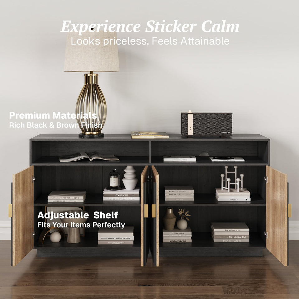 BELLEZE 65 Inch Fluted Buffet Cabinet with Storage, Symmetrical Arc Accent Sideboard Large Console Table for Dining Room, Kitchen, and Living Room (Caramel Brown)