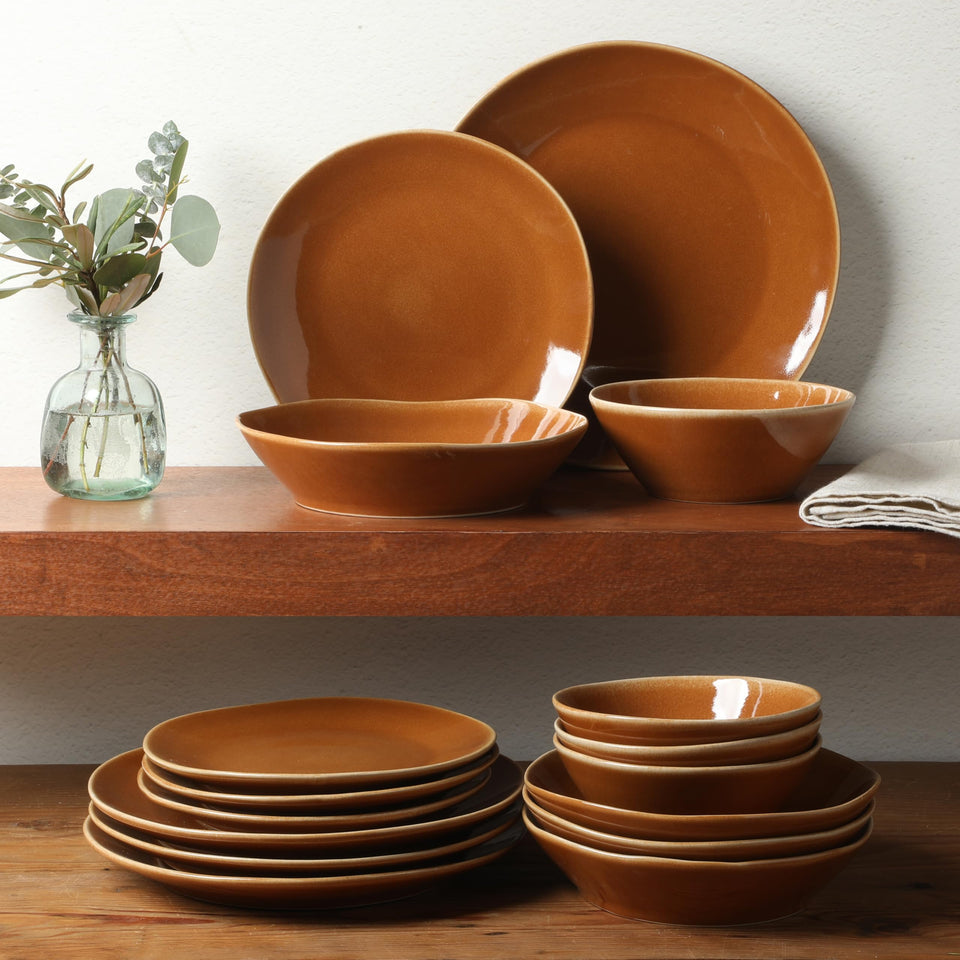 Bloomhouse Santorini Mist Double Bowl Terracotta Reactive Glaze Plates and Bowls Dinnerware Set - Amber, Service for Four (16pcs)