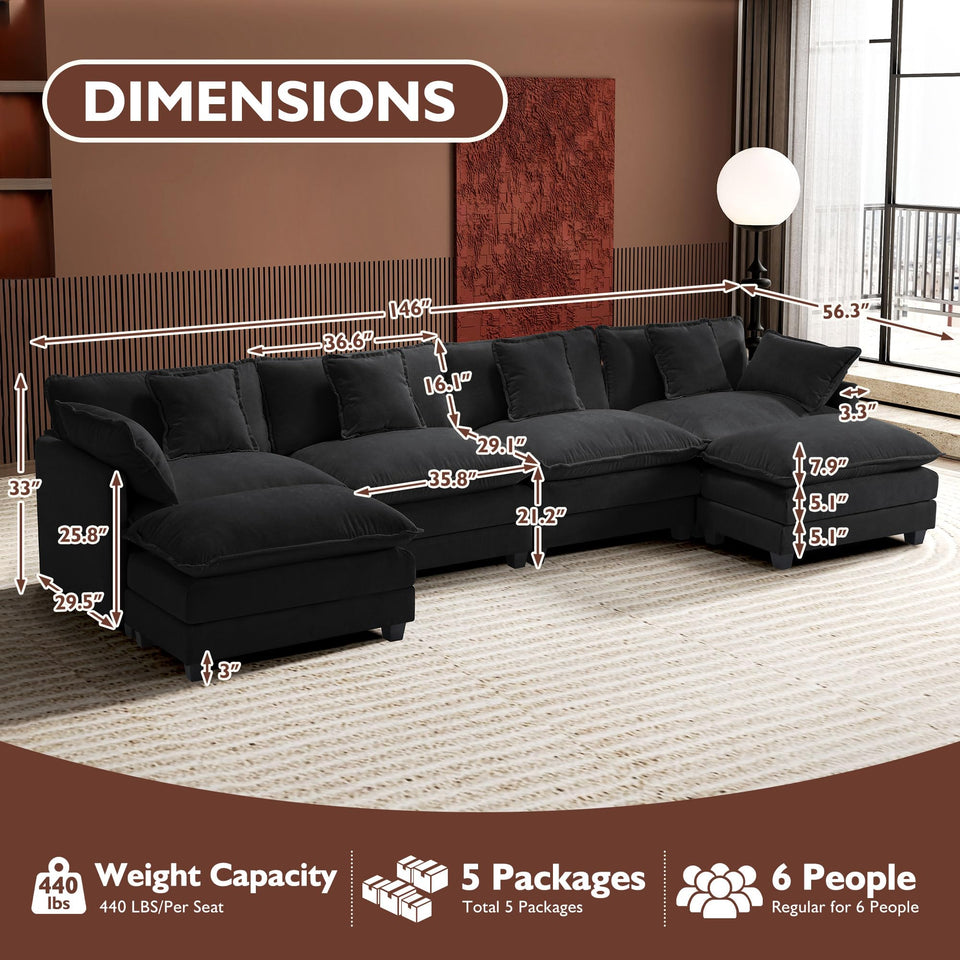 Ihanherry 146" U-Shaped Modern Sofa Modular Sectional Cloud Couch with 2 Ottoman, 6-Seat Chenille Deep Seat Sofa with 6 Pillows for Living Room, Bedroom and Apartment, Grey