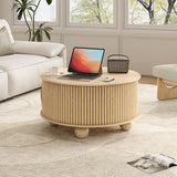 JOINICE, Round Coffee Table with Storage, Mid Century Modern Center Table with Sliding Cabinet Door, Fluted Dining Table for Living Room, Home Small Space, 31.5", Walnut