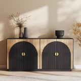 BELLEZE 65 Inch Fluted Buffet Cabinet with Storage, Symmetrical Arc Accent Sideboard Large Console Table for Dining Room, Kitchen, and Living Room (Caramel Brown)